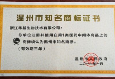 溫州市知名商標(biāo)證書